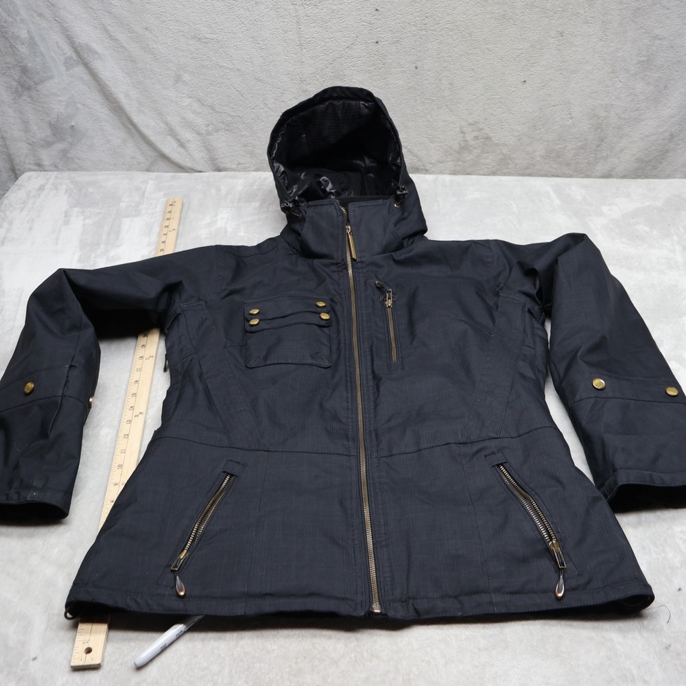 Obermeyer Delanay Jacket Womens 10 Black Herringbone Full Zip Hooded Winter Ski